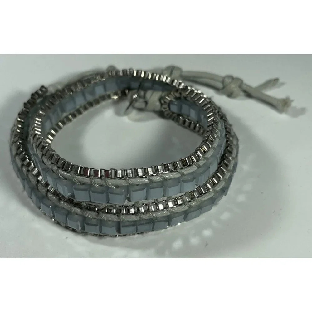 Katie Soleil Women Square‎ Beaded 3 Wrap Bracelet Grey Cord Opaque Blue Silver